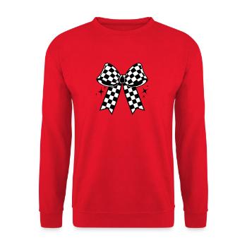 Kariertes Flaggenbogenemblem - Unisex Pullover - Rot - Vorne - Alina (178cm) & Michal (187cm)