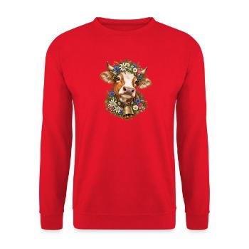 Kuh mit Blumenkrone – Alpenliebe & Tracht - Unisex Pullover - Rot - Vorne - Alina (178cm) & Michal (187cm)