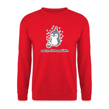 party. nichts gefühlt. – Pinguin Meme - Unisex Pullover - Rot - Vorne - Alina (178cm) & Michal (187cm)