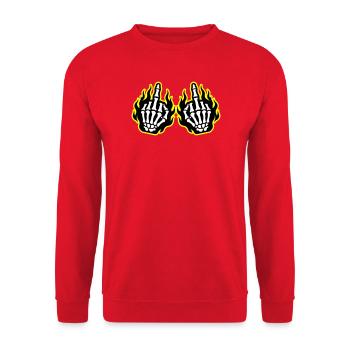 Skelett Mittelfinger Hände Flammen Gelb - Unisex Pullover - Rot - Vorne - Alina (178cm) & Michal (187cm)