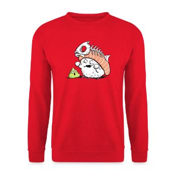 Lustiges Sushi mit Fischgräte I Kawaii Japan Essen - Unisex Pullover - Rot - Vorne - Alina (178cm) & Michal (187cm)