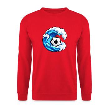 Fußball reitet auf einer blauen Meereswelle - Unisex Pullover - Rot - Vorne - Alina (178cm) & Michal (187cm)
