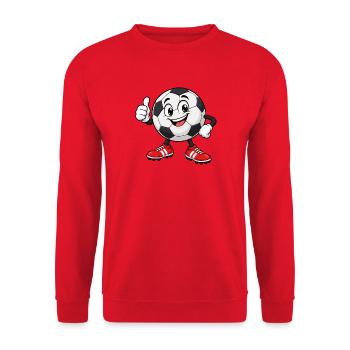 Lustiges Fußball-Maskottchen zeigt Daumen hoch - Unisex Pullover - Rot - Vorne - Alina (178cm) & Michal (187cm)