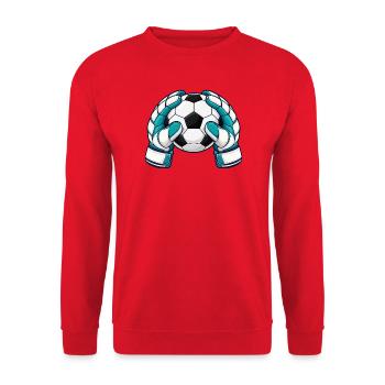 Torwarthandschuhe halten einen Fußball - Unisex Pullover - Rot - Vorne - Alina (178cm) & Michal (187cm)