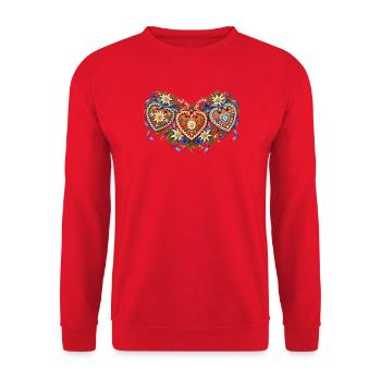 Drei Lebkuchenherzen mit Edelweiß - Unisex Pullover - Rot - Vorne - Alina (178cm) & Michal (187cm)