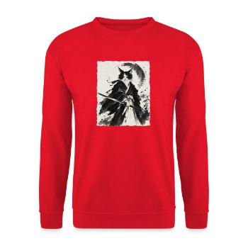 Katzen Samurai im Tintenstil - Unisex Pullover - Rot - Vorne - Alina (178cm) & Michal (187cm)