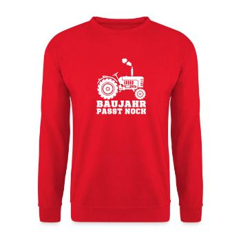 Baujahr passt noch Traktor Landwirt Spruch T-Shirt - Unisex Pullover - Rot - Vorne - Alina (178cm) & Michal (187cm)