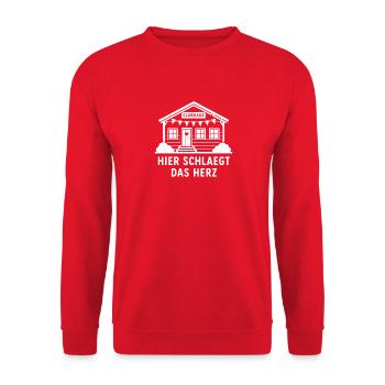 Hier schlägt das Herz Clubhaus Vereinsheim T-Shirt - Unisex Pullover - Rot - Vorne - Alina (178cm) & Michal (187cm)