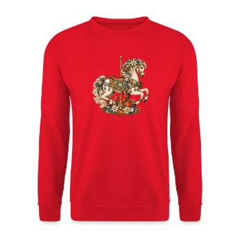 Karussellpferd mit Edelweiß & Alpenblumen - Unisex Pullover - Rot - Vorne - Alina (178cm) & Michal (187cm)