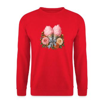 Zuckerwatte mit Blumen & Trachtenschleife - Unisex Pullover - Rot - Vorne - Alina (178cm) & Michal (187cm)