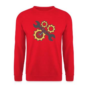 Schraubenschluessel Zahnraeder Grafik - Unisex Pullover - Rot - Vorne - Alina (178cm) & Michal (187cm)
