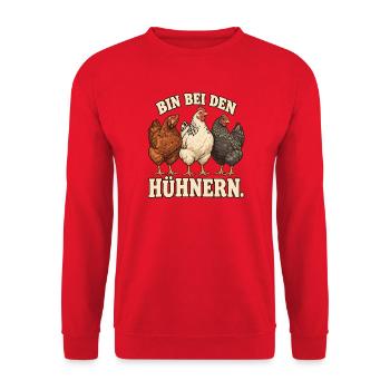 Bin bei den Hühnern – Drei lustige Hennen - Unisex Pullover - Rot - Vorne - Alina (178cm) & Michal (187cm)