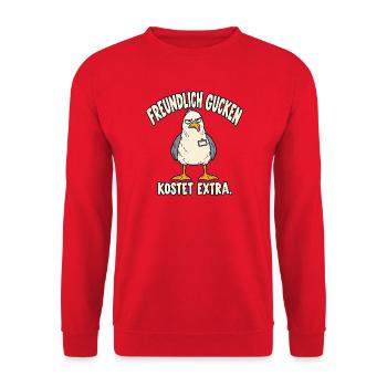 Freundlich gucken kostet extra – Möwe - Unisex Pullover - Rot - Vorne - Alina (178cm) & Michal (187cm)
