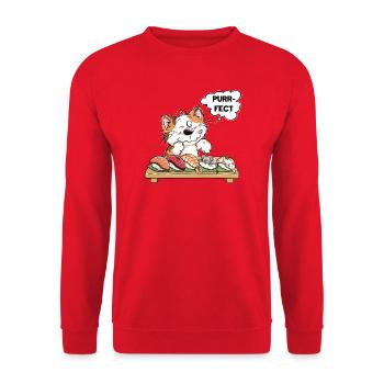 Purrfect Katze mit Sushi und Maus – Katzenhumor - Unisex Pullover - Rot - Vorne - Alina (178cm) & Michal (187cm)