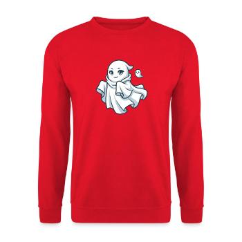 Süße Cartoon-Geisterfigur mit einem freundlichen Lächeln - Unisex Pullover - Rot - Vorne - Alina (178cm) & Michal (187cm)