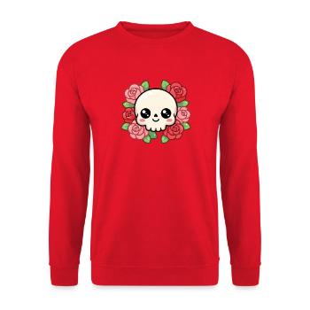 Niedlicher Kawaii-Schädel, umgeben von leuchtenden Rosen - Unisex Pullover - Rot - Vorne - Alina (178cm) & Michal (187cm)