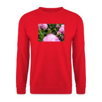 Rosa Dahlie mit Schnake – Makro Naturfotografie - Unisex Pullover - Rot - Vorne - Alina (178cm) & Michal (187cm)