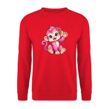 Kawaii-rosa Affe mit tropischer Blume - Unisex Pullover - Rot - Vorne - Alina (178cm) & Michal (187cm)