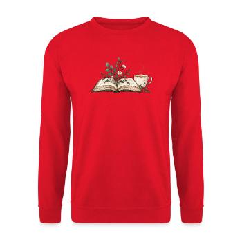 Buch mit Blumen & Teetasse - Unisex Pullover - Rot - Vorne - Alina (178cm) & Michal (187cm)