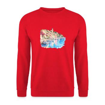Mediterranes Hafenviertel Aquarell - Unisex Pullover - Rot - Vorne - Alina (178cm) & Michal (187cm)