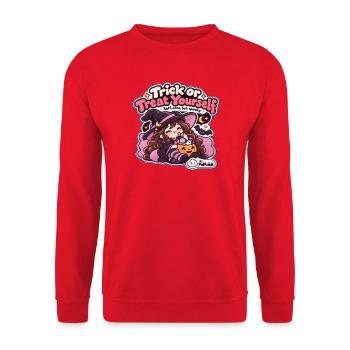 Halloween – Süßes oder Saures – Selbstfürsorge - Unisex Pullover - Rot - Vorne - Alina (178cm) & Michal (187cm)