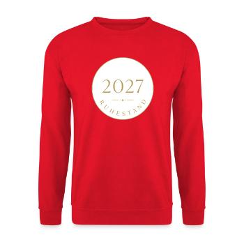 Ruhestand 2027 Badge Goldene Schrift Rente Shirt - Unisex Pullover - Rot - Vorne - Alina (178cm) & Michal (187cm)