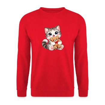 Kawaii-Katze mit Teddybär - Unisex Pullover - Rot - Vorne - Alina (178cm) & Michal (187cm)
