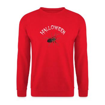Halloween Spinne - Schriftzug im Grusel-Look - Unisex Pullover - Rot - Vorne - Alina (178cm) & Michal (187cm)