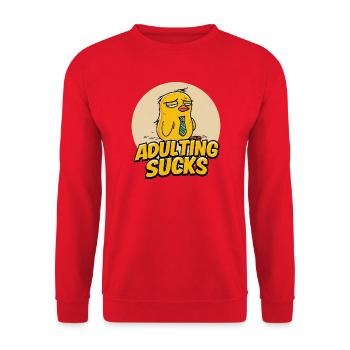 Adulting Sucks Cartoon Chick - Unisex Pullover - Rot - Vorne - Alina (178cm) & Michal (187cm)