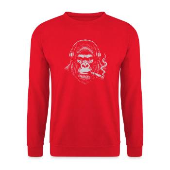 Gorilla mit Kopfhörern und Zigarren-Tee - Unisex Pullover - Rot - Vorne - Alina (178cm) & Michal (187cm)