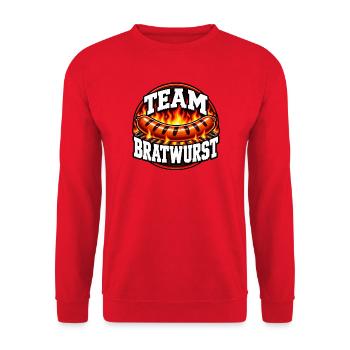 Team Bratwurst – Lustiges Grill Design - Unisex Pullover - Rot - Vorne - Alina (178cm) & Michal (187cm)