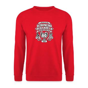 Schonend behandeln 60. Geburtstag Geschenkidee - Unisex Pullover - Rot - Vorne - Alina (178cm) & Michal (187cm)