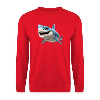 Blauer Cartoonhai mit Lächeln - Unisex Pullover - Rot - Vorne - Alina (178cm) & Michal (187cm)