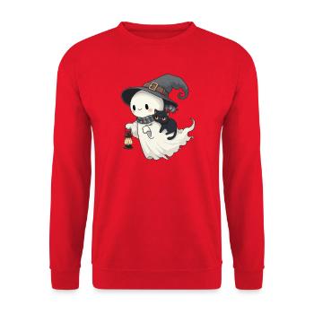 Süßer Hexengeist mit Schwarzer Katze - Unisex Pullover - Rot - Vorne - Alina (178cm) & Michal (187cm)