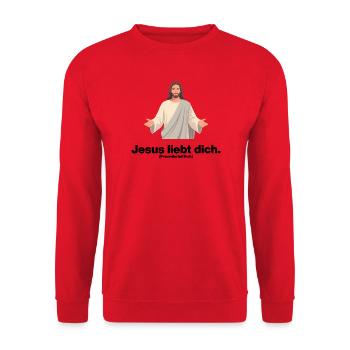 JESUS LIEBT DICH. PLATONISCH. FREUNDSCHAFTLICH - Unisex Pullover - Rot - Vorne - Alina (178cm) & Michal (187cm)