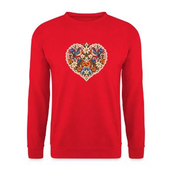 Vogelpaar im Spitzenherz mit Brezel - Unisex Pullover - Rot - Vorne - Alina (178cm) & Michal (187cm)