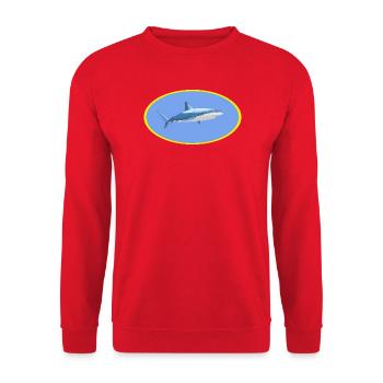 Hai im Gelb-Ring Cartoon - Unisex Pullover - Rot - Vorne - Alina (178cm) & Michal (187cm)