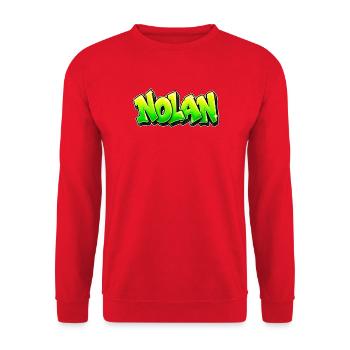NOLAN in Graffiti: der Name, der alles auseinanderreißt! - Unisex Pullover - Rot - Vorne - Alina (178cm) & Michal (187cm)