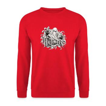 Geisterhafte Halloween-Grafik mit Schriftzug - Unisex Pullover - Rot - Vorne - Alina (178cm) & Michal (187cm)