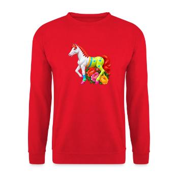 Niedliches Märchenpferd auf einer Blumenwiese - Unisex Pullover - Rot - Vorne - Alina (178cm) & Michal (187cm)