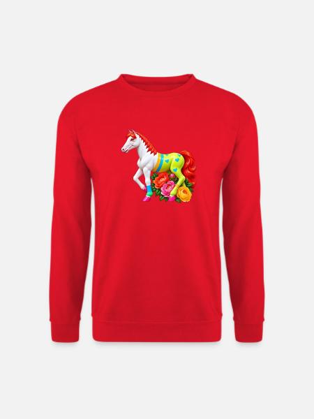 Niedliches Märchenpferd auf einer Blumenwiese - Unisex Pullover - Rot