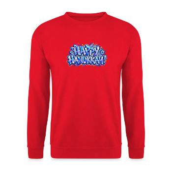 Frohes blaues Graffiti-Hanukkah: Geschenk, das leuchtet! - Unisex Pullover - Rot - Vorne - Alina (178cm) & Michal (187cm)