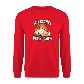 Katze – Ich rechne mit Kuchen - Unisex Pullover - Rot - Vorne - Alina (178cm) & Michal (187cm)