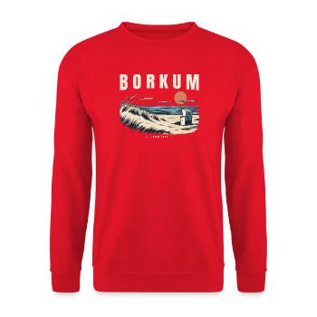 Borkum Nordsee Inselzeit Retro Strandkorb - Unisex Pullover - Rot - Vorne - Alina (178cm) & Michal (187cm)