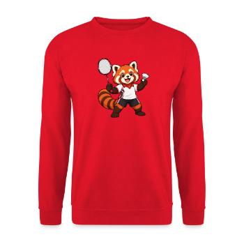 Badminton Red Panda mit Schläger und Federhahn - Unisex Pullover - Rot - Vorne - Alina (178cm) & Michal (187cm)