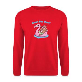 Ziege entspannt sich auf Flamingo-Float – Wortspiel mit der Hitze - Unisex Pullover - Rot - Vorne - Alina (178cm) & Michal (187cm)