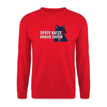 Geschenk zur Adoption einer älteren Katze - Unisex Pullover - Rot - Vorne - Alina (178cm) & Michal (187cm)