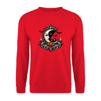 Mondgesicht mit Kürbis und Kerzen - Unisex Pullover - Rot - Vorne - Alina (178cm) & Michal (187cm)