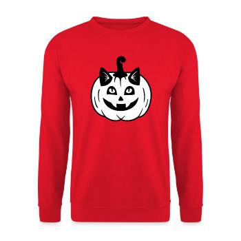 Halloween Katze Kürbiskopf - Schwarz Weiß - Unisex Pullover - Rot - Vorne - Alina (178cm) & Michal (187cm)
