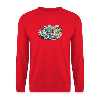 Nordseehecht Sprung am Küstenstrand - Unisex Pullover - Rot - Vorne - Alina (178cm) & Michal (187cm)